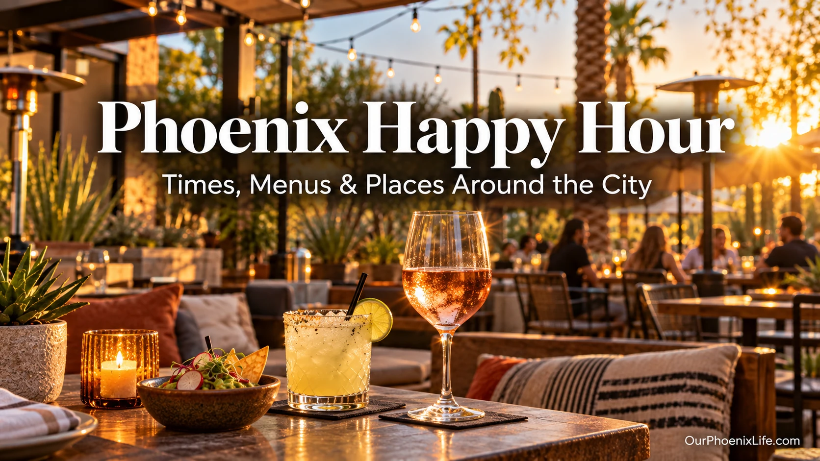 Phoenix happy hour patio scene at sunset